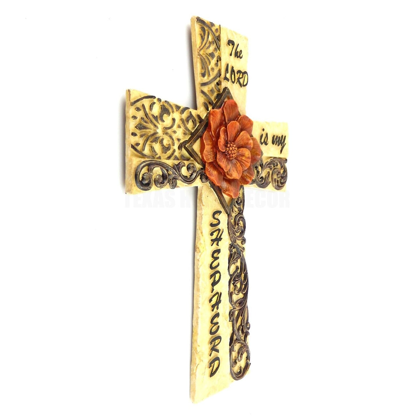 Red Flower Scrolls Stone Look Decorative Wall Cross "The Lord Is My Shepherd"