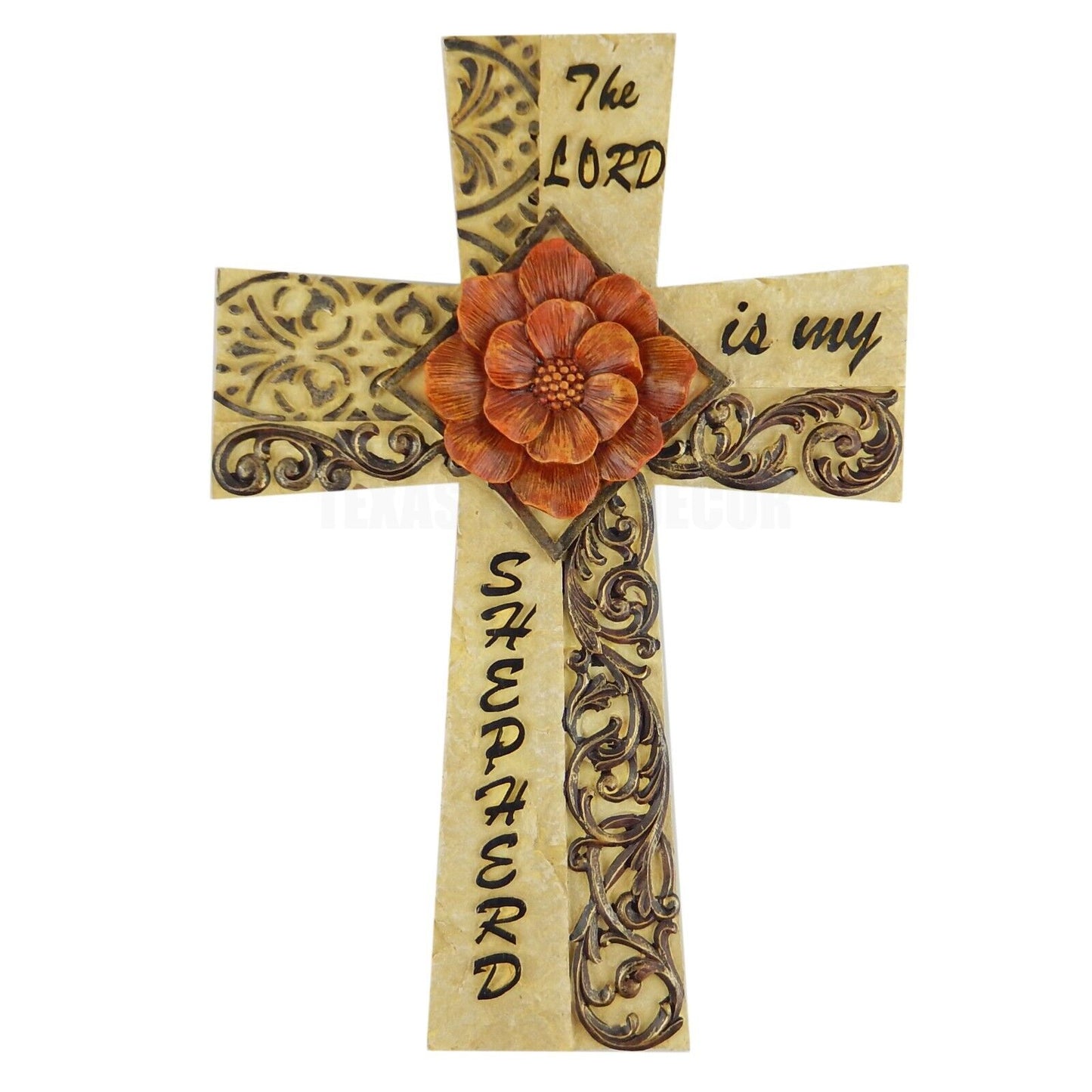 Red Flower Scrolls Stone Look Decorative Wall Cross "The Lord Is My Shepherd"