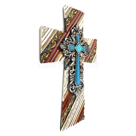 Turquoise Striped Wall Cross Scrolls Fleur De Lis Layered Old World Style