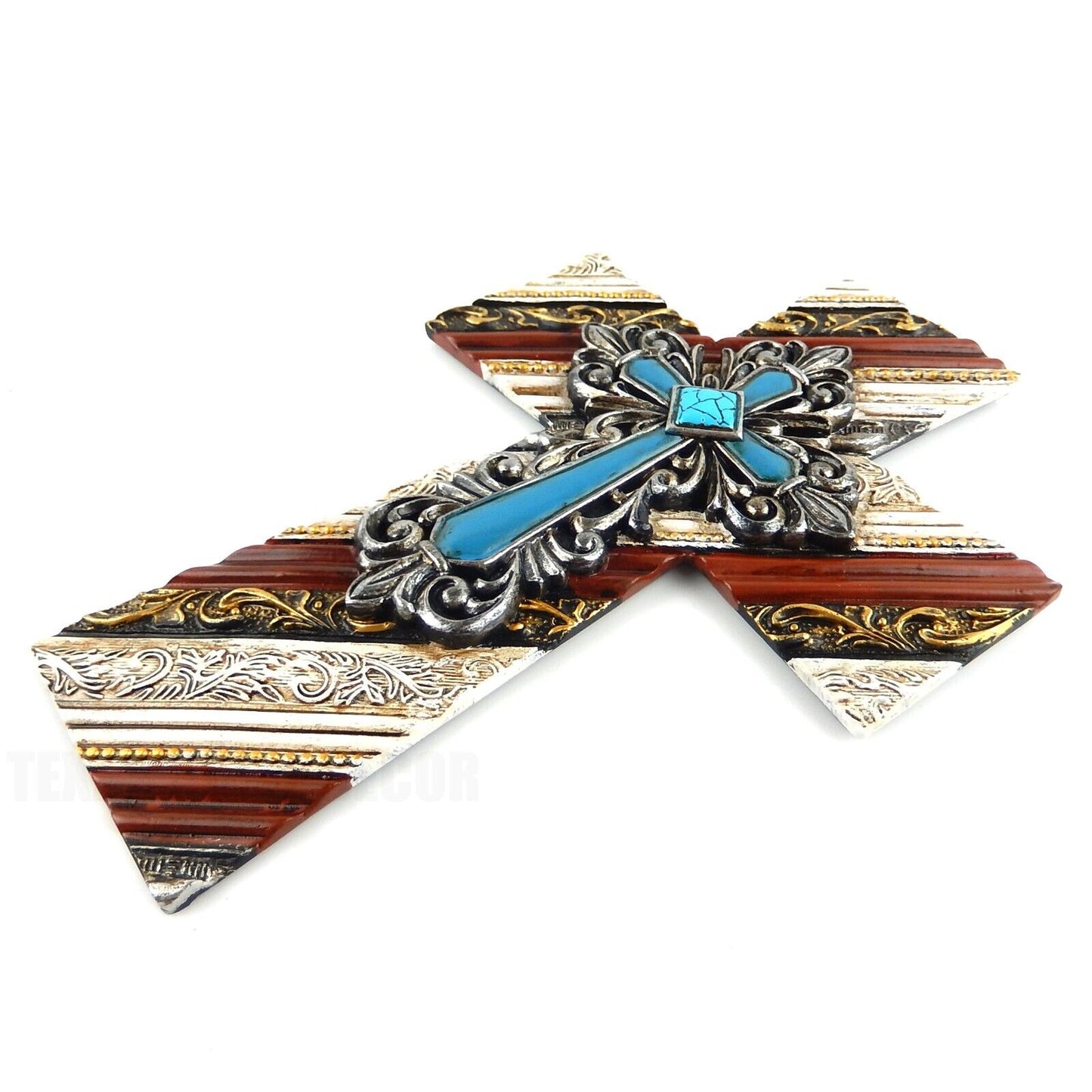 Turquoise Striped Wall Cross Scrolls Fleur De Lis Layered Old World Style