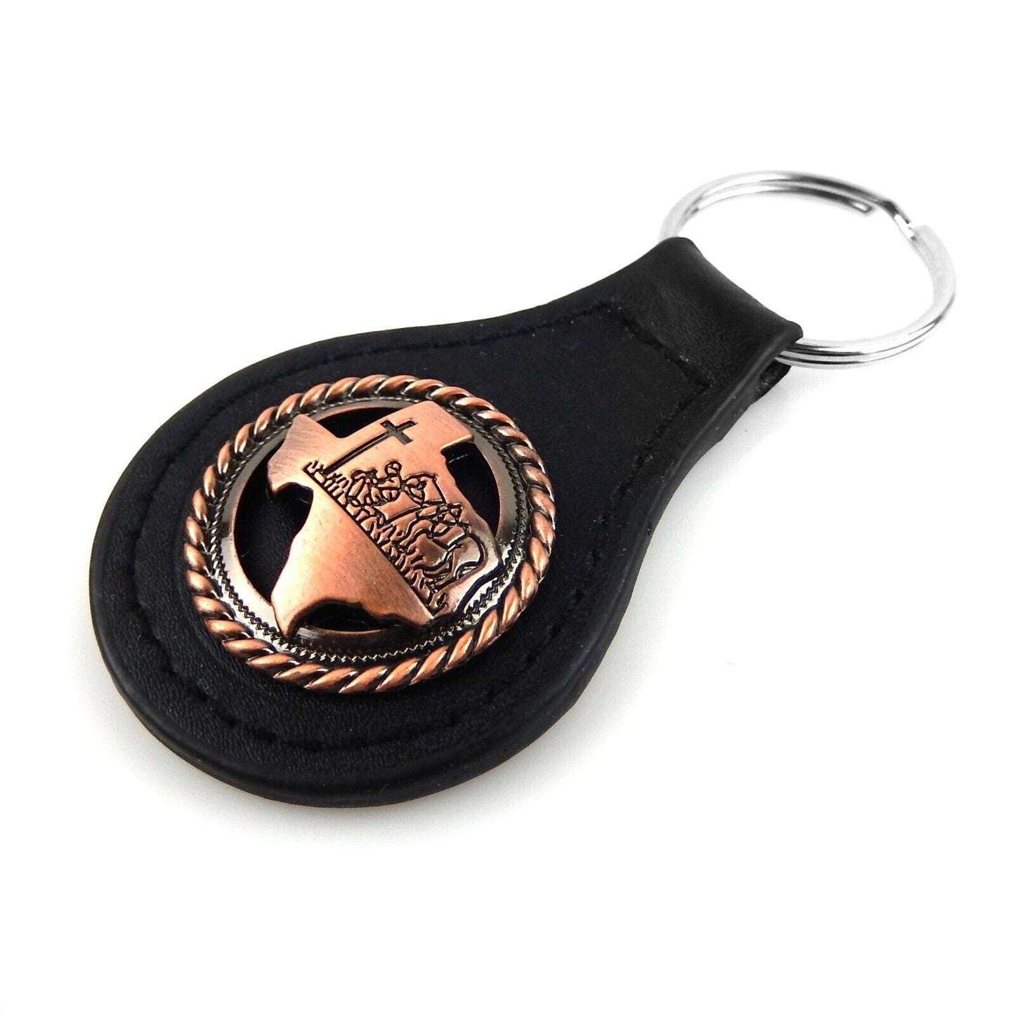 Black Leather Keychain Ring Copper Texas Map Praying Cowboy Cross Horse Concho