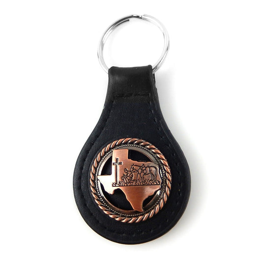 Black Leather Keychain Ring Copper Texas Map Praying Cowboy Cross Horse Concho