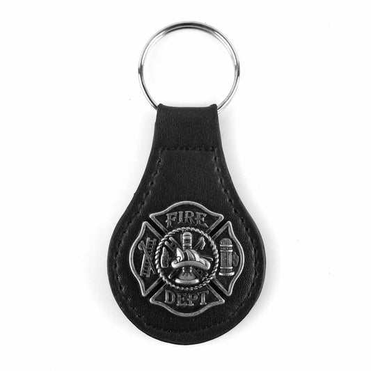 Fireman Black Leather Keychain Ring Firefighter Silver Maltese Emblem Concho