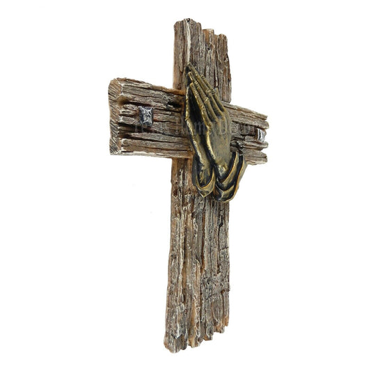 Praying Hands Wall Cross Faux Wood Look Hand Painted Polyresin Religious Decor