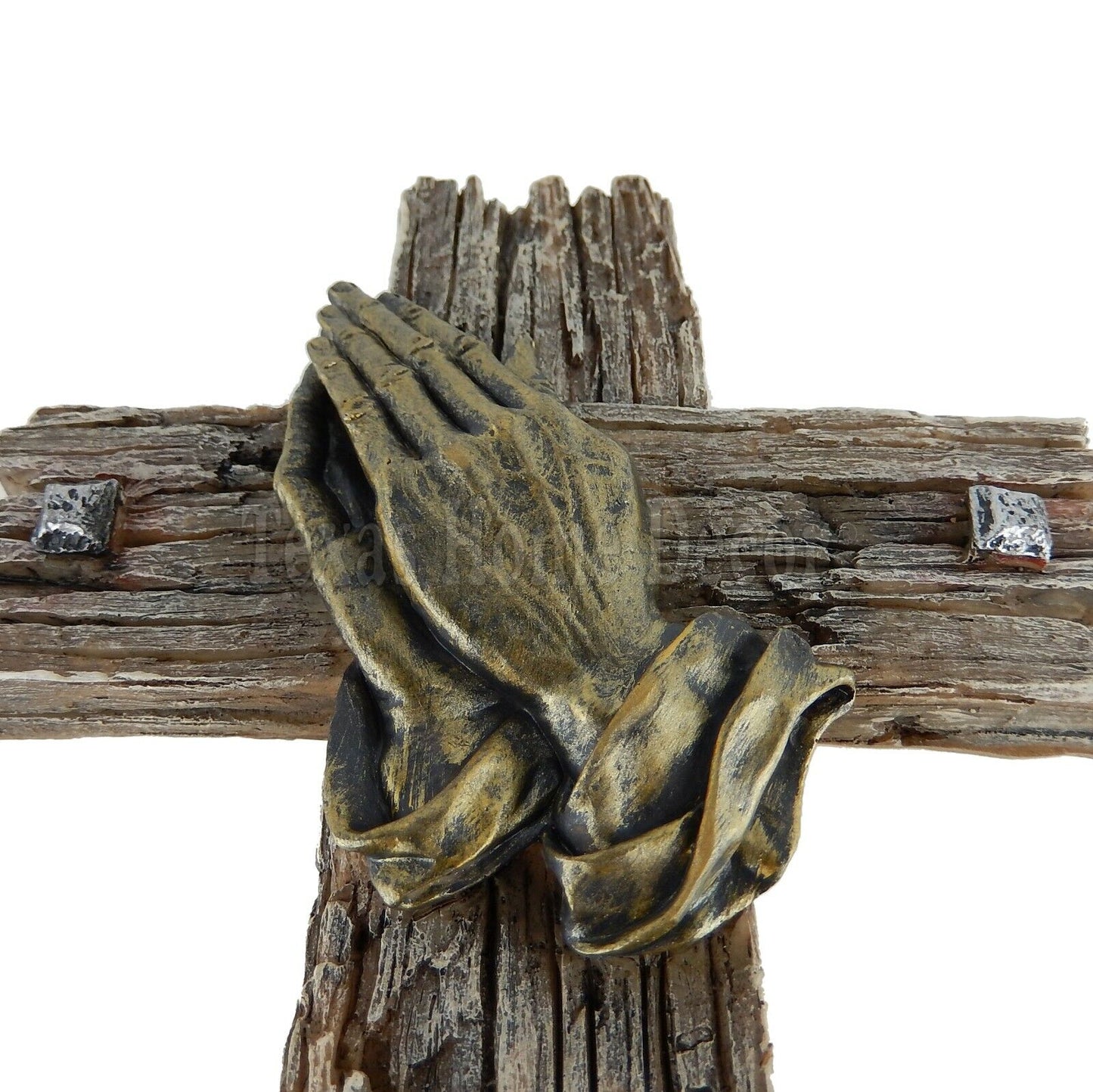Praying Hands Wall Cross Faux Wood Look Hand Painted Polyresin Religious Decor