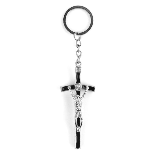 Silver Christian Crucifix Keychain Cross INRI Fob Ring Black Color Enamel