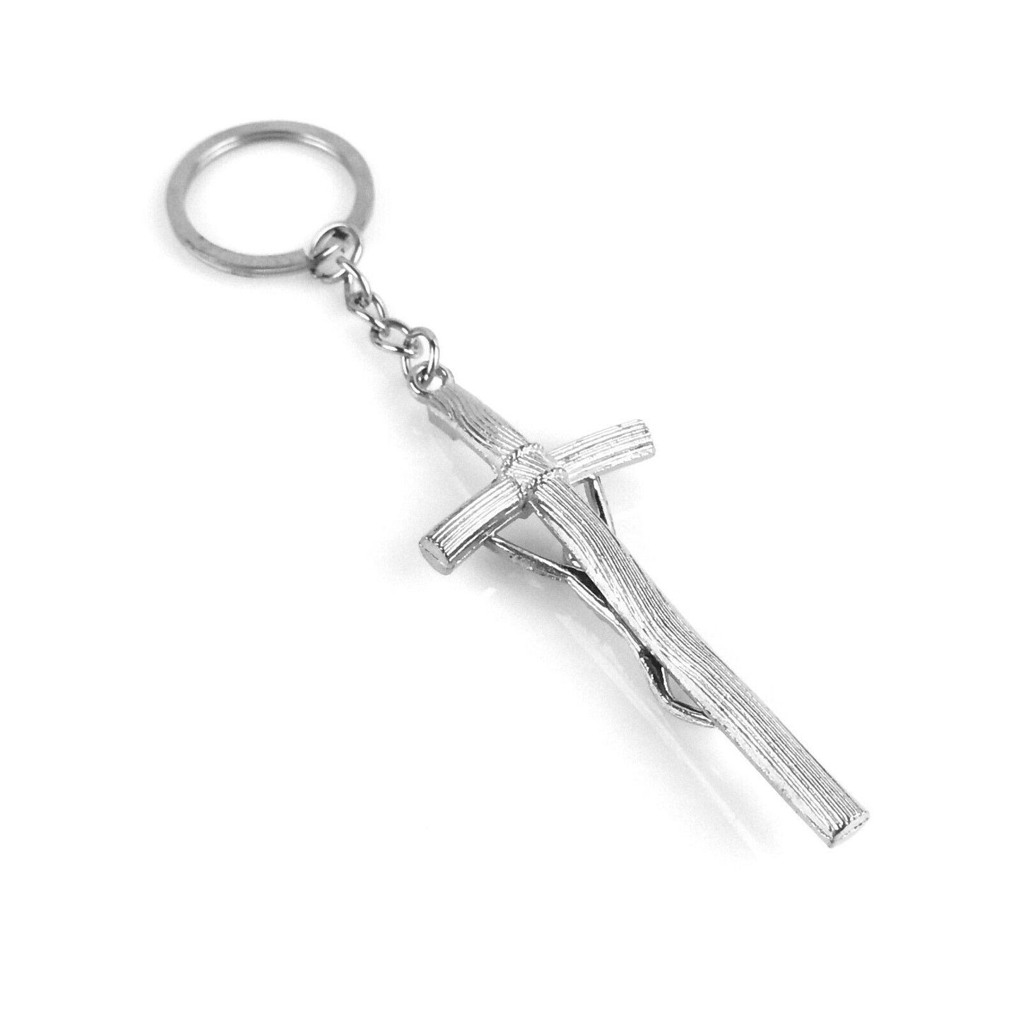 Silver Christian Crucifix Keychain Cross INRI Fob Ring Black Color Enamel