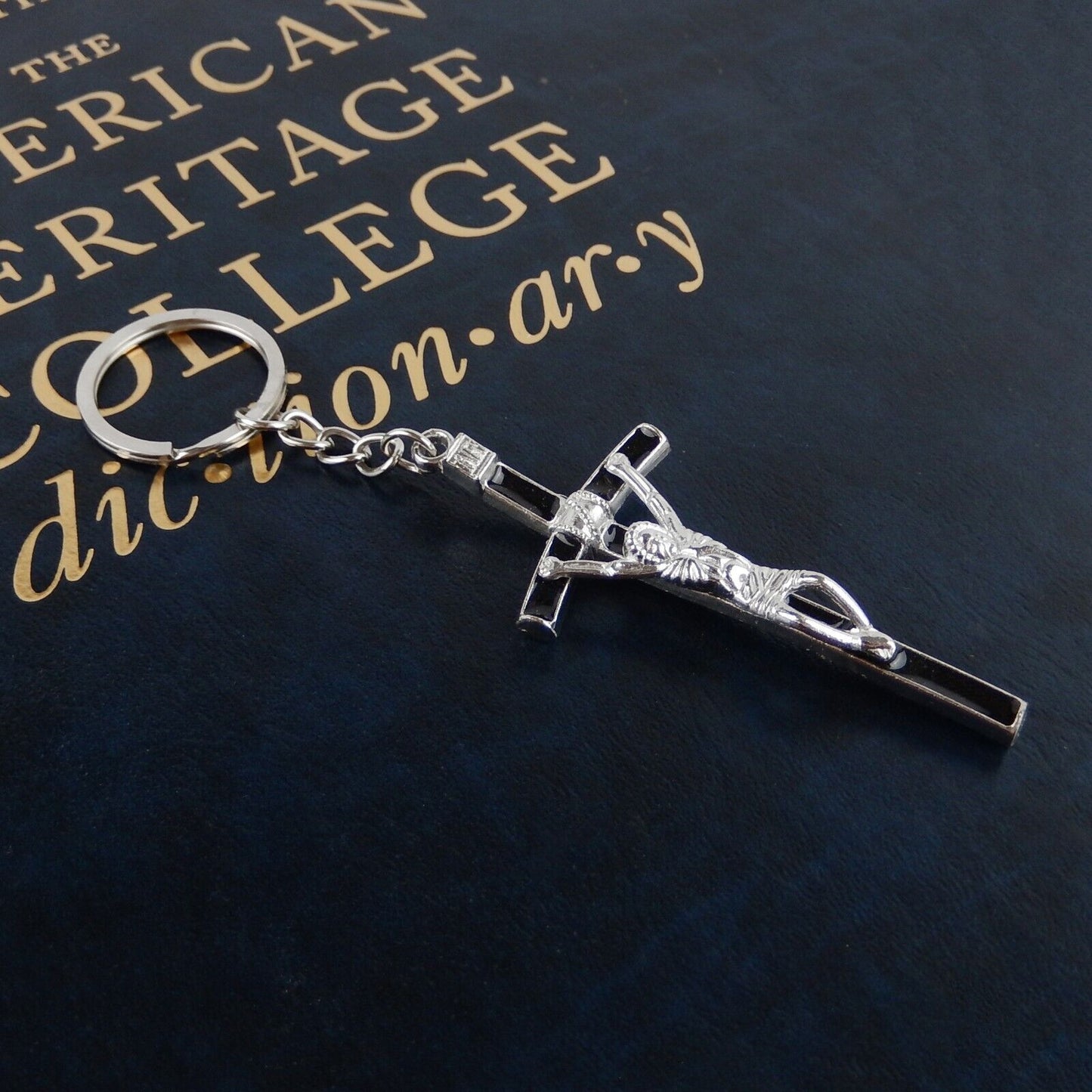 Silver Christian Crucifix Keychain Cross INRI Fob Ring Black Color Enamel