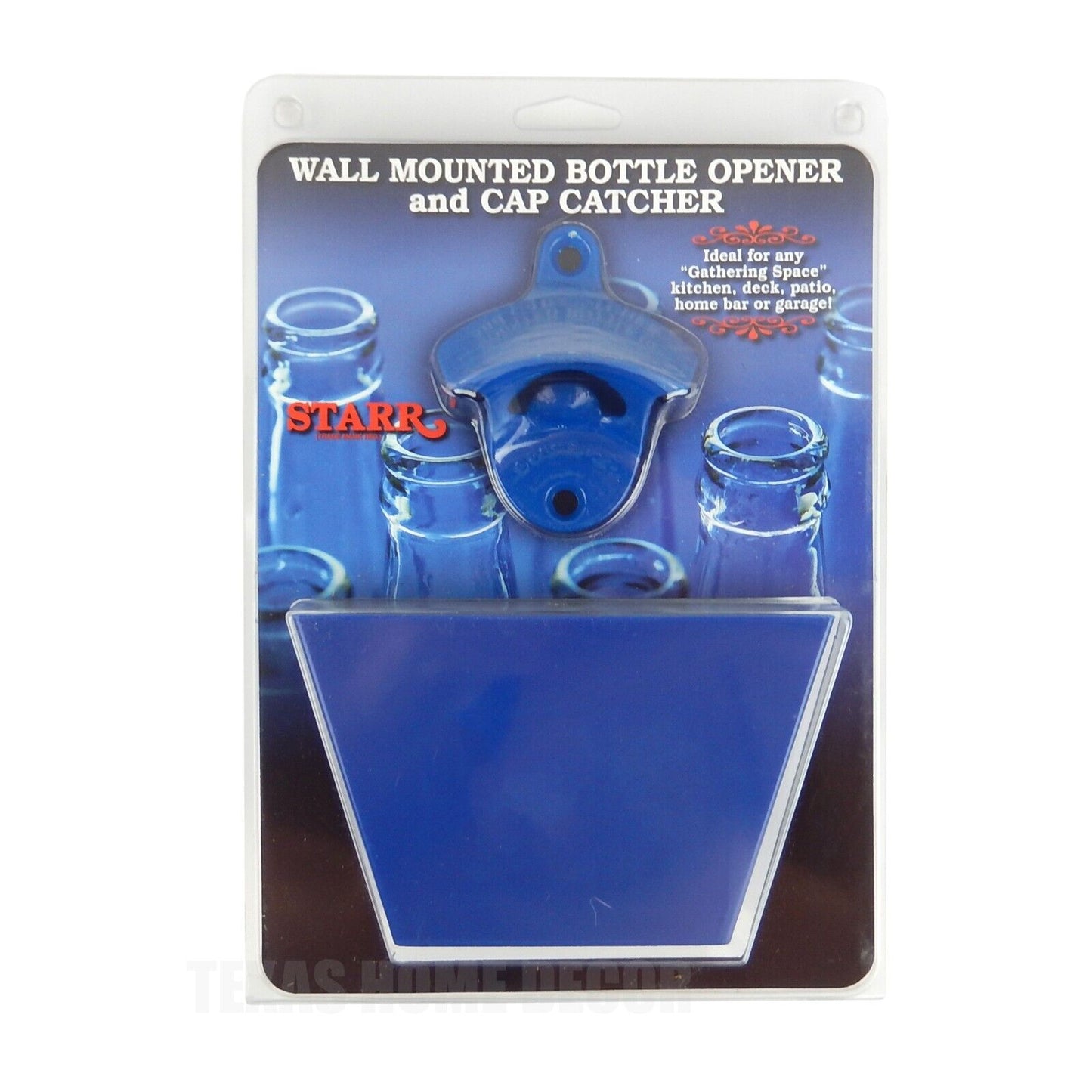Plain Blue Beer Bottle Opener With Blue Plastic Cap Catcher Set Starr With Screws
