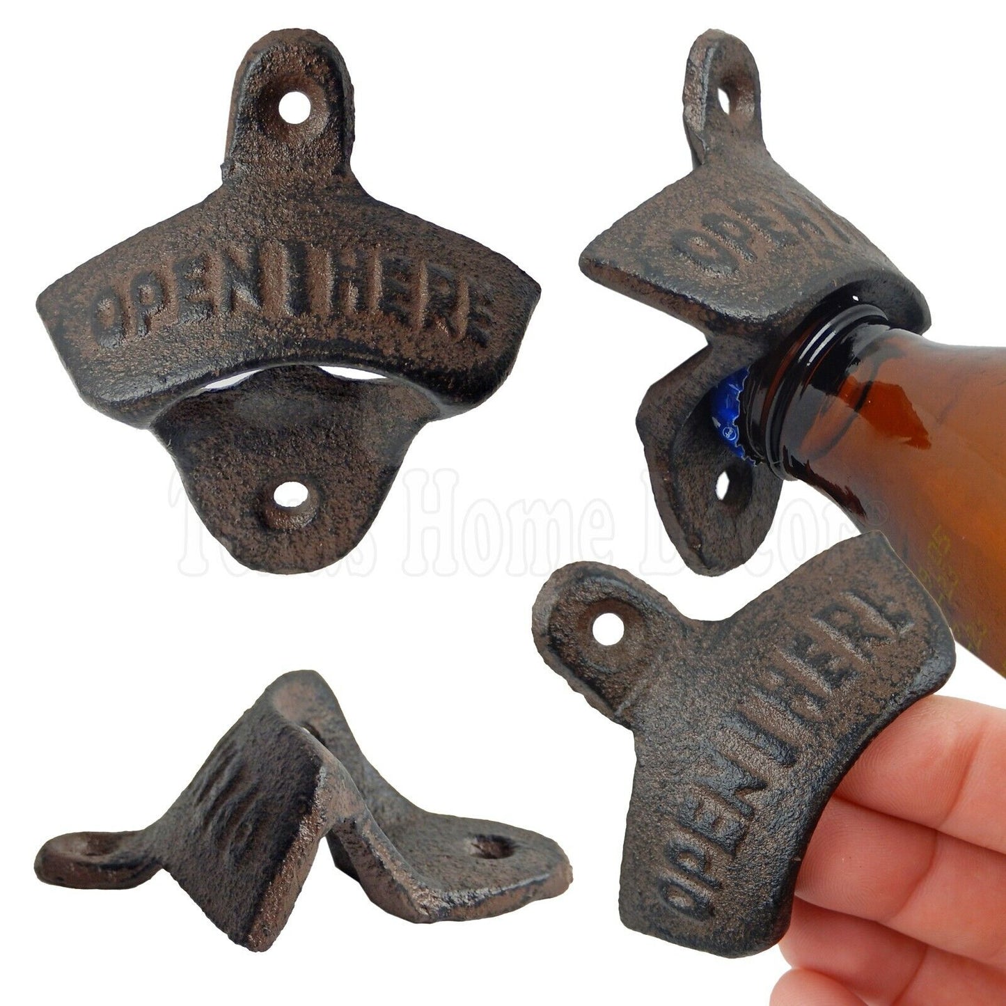 Rustic Open Here Beer Soda Bottle Opener Cast Iron Wall Mounted Antique Style