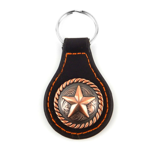 Brown Leather Keychain With Copper Star Floral Concho Split Ring Rustic Western