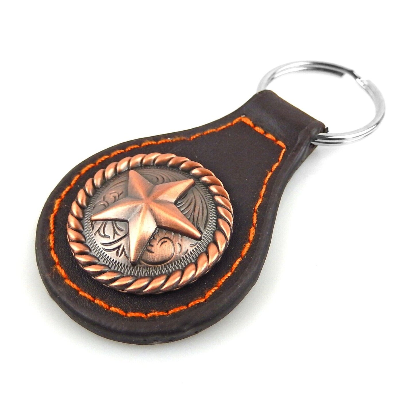 Brown Leather Keychain With Copper Star Floral Concho Split Ring Rustic Western