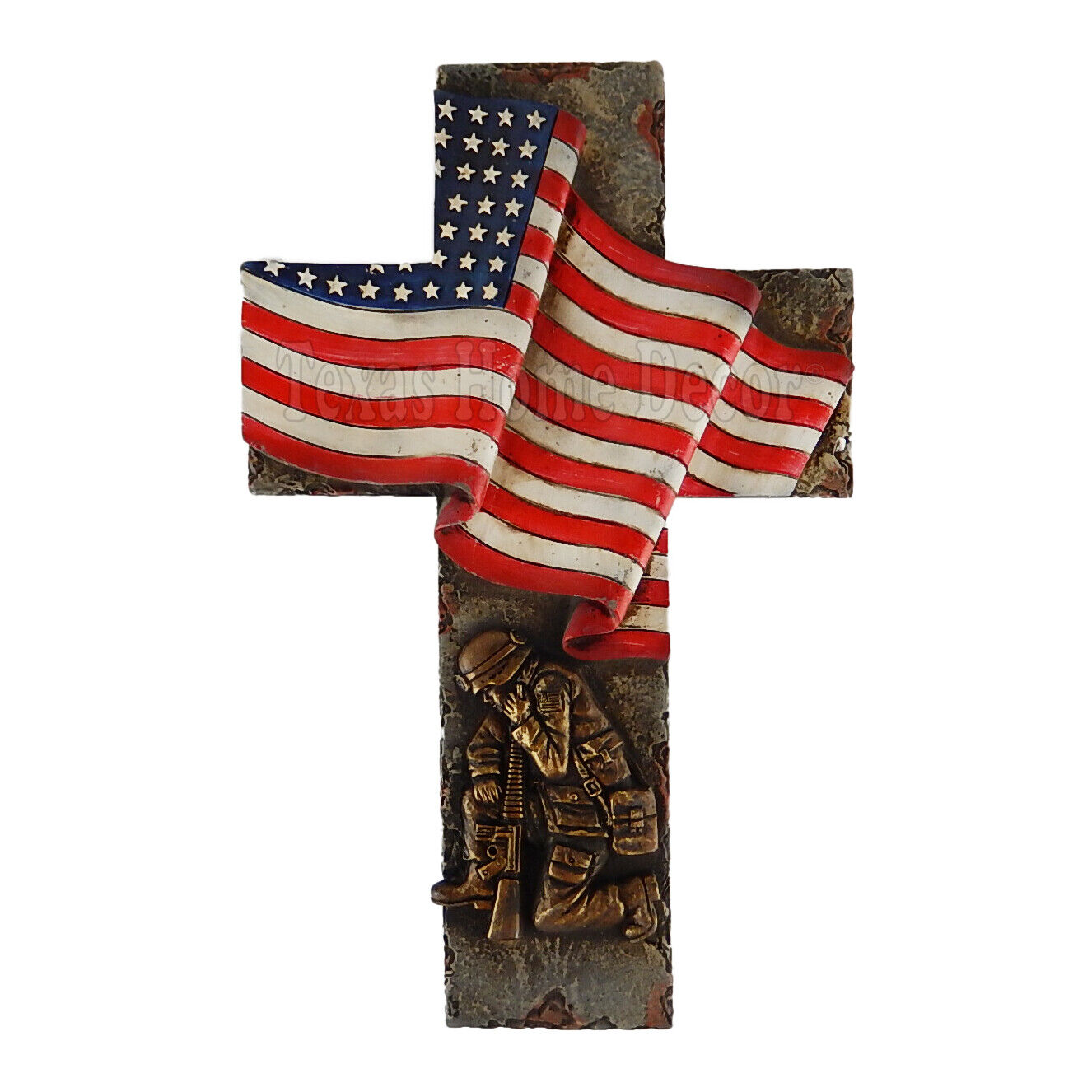 USA Flag Wall Cross Military Kneeling Soldier Rustic Weathered Finish Patriotic