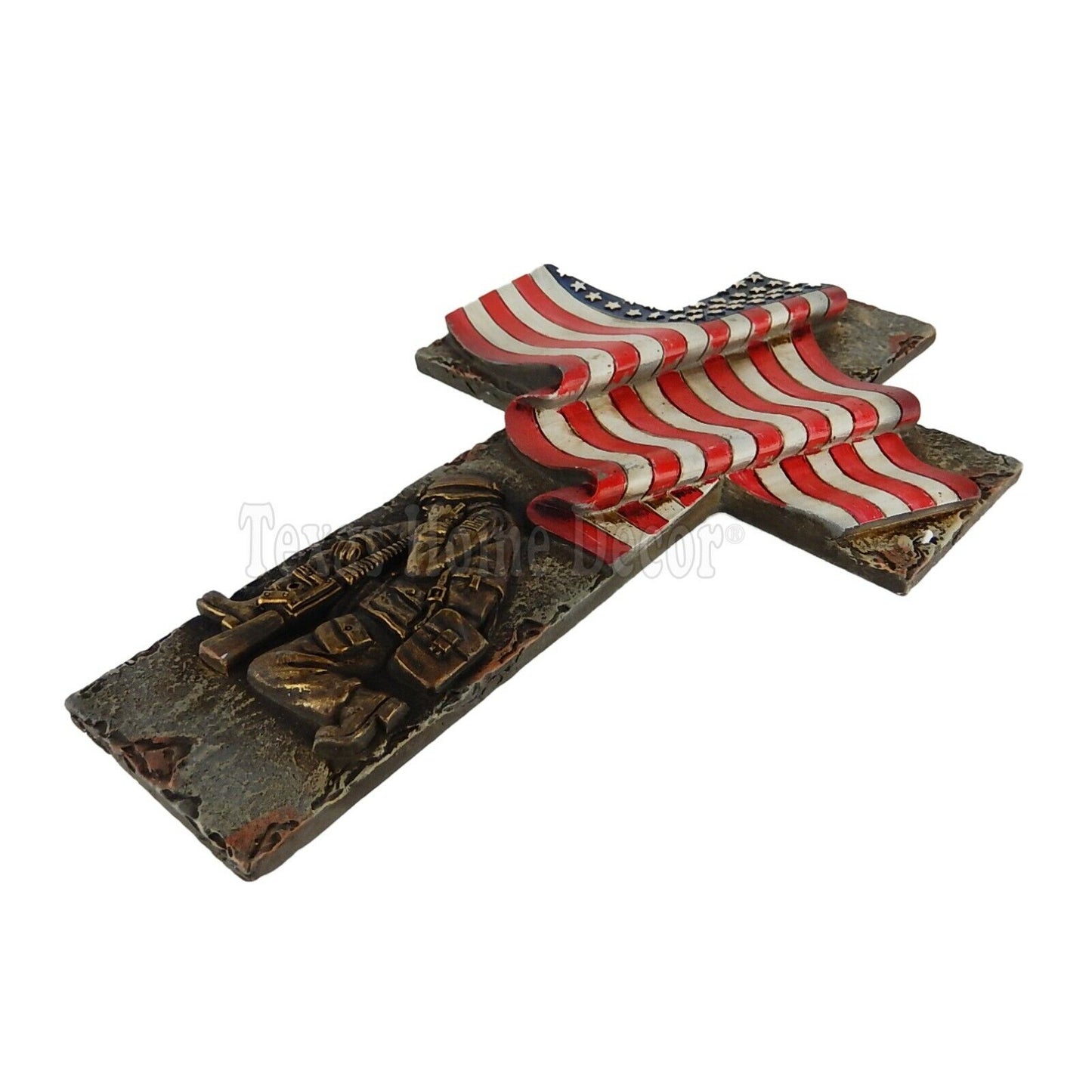 USA Flag Wall Cross Military Kneeling Soldier Rustic Weathered Finish Patriotic