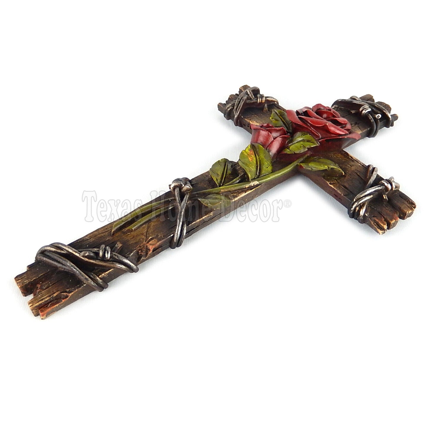 Rose Flower Wall Cross Faux Wood Look Barbed Wire Hand Painted Polyresin 10 x 6"