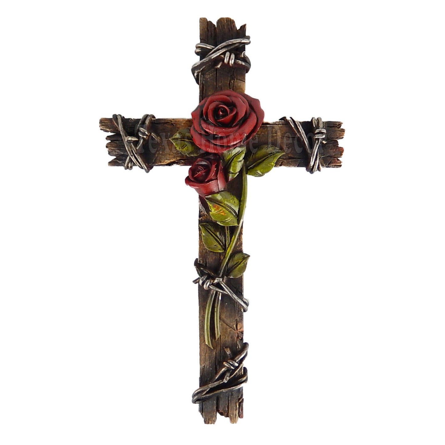 Rose Flower Wall Cross Faux Wood Look Barbed Wire Hand Painted Polyresin 10 x 6"