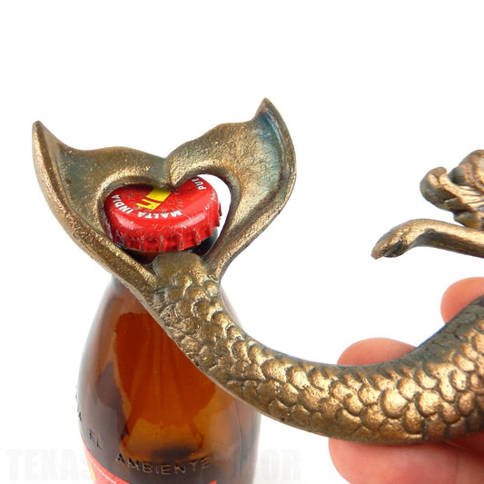 Cast Iron Mermaid Beer Bottle Opener Hand Held Rustic Brass Look Nautical Decor