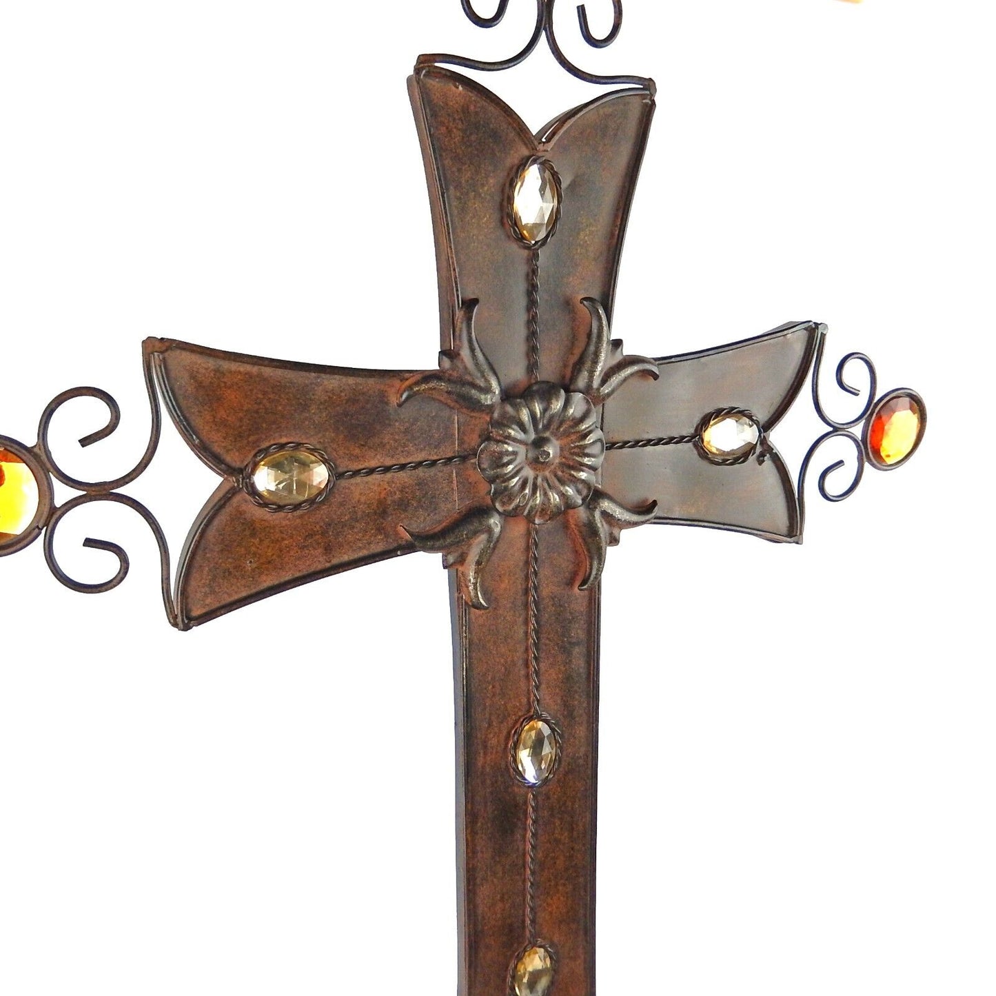 Large Metal Wall Cross Embedded Jewels Flower Scroll Old World Style Brown 28.5"