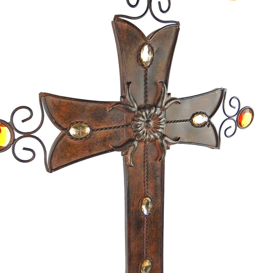 Large Metal Wall Cross Embedded Jewels Flower Scroll Old World Style Brown 28.5"