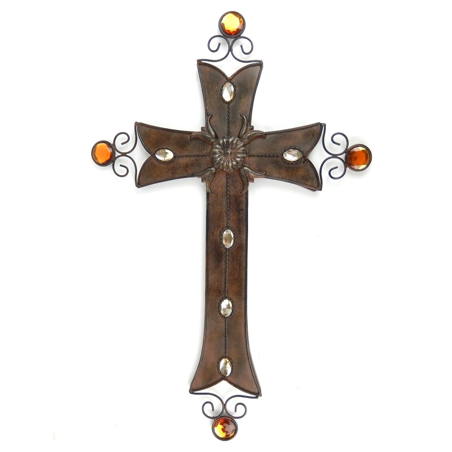 Large Metal Wall Cross Embedded Jewels Flower Scroll Old World Style Brown 28.5"