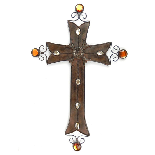 Large Metal Wall Cross Embedded Jewels Flower Scroll Old World Style Brown 28.5"