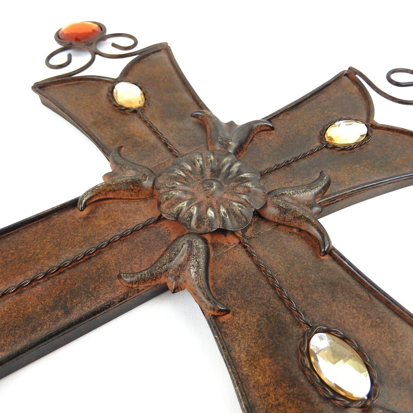 Large Metal Wall Cross Embedded Jewels Flower Scroll Old World Style Brown 28.5"