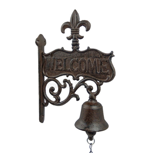 Large Welcome Dinner Bell Cast Iron Fleur De Lis Scrolls Wall Mounted Victorian