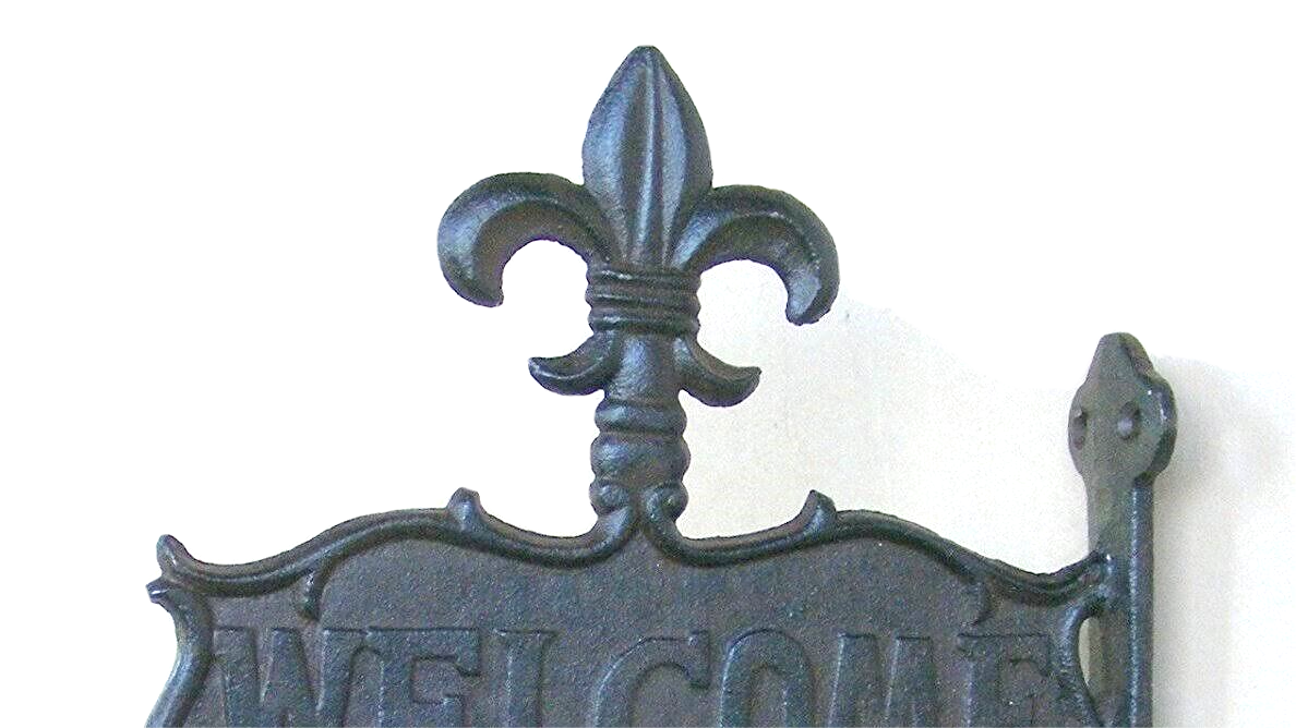 Large Welcome Dinner Bell Cast Iron Fleur De Lis Scrolls Wall Mounted Victorian