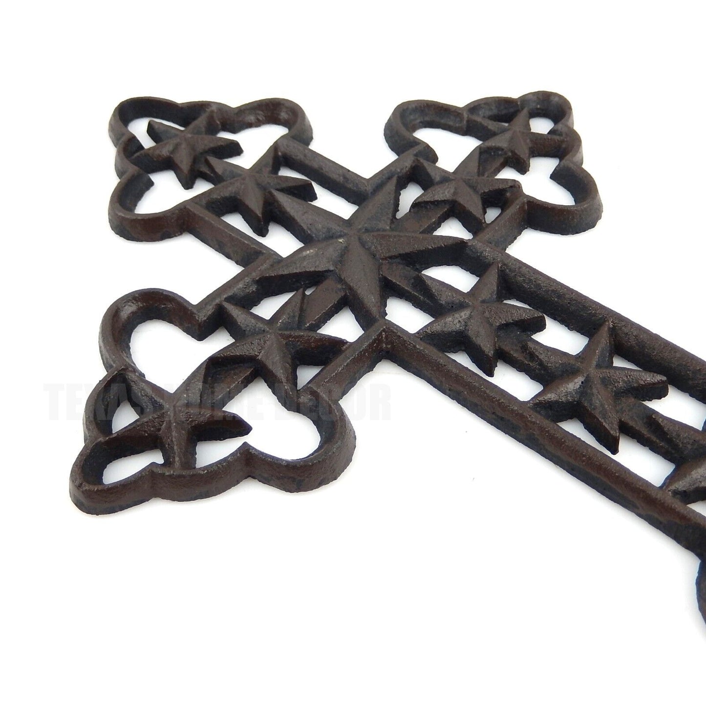 Fleur De Lis Stars Inlay Wall Cross Cast Iron Antique Style Dark Brown 12 inch