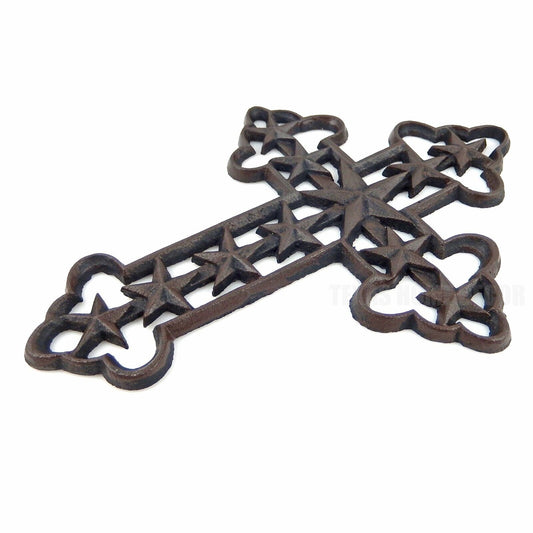 Fleur De Lis Stars Inlay Wall Cross Cast Iron Antique Style Dark Brown 12 inch