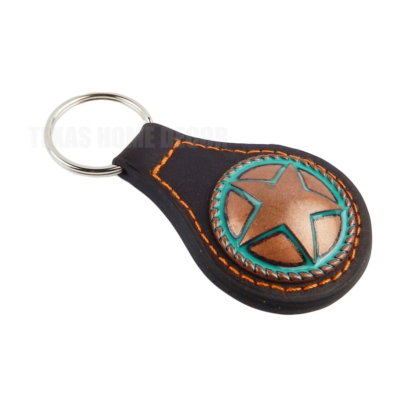 Brown Leather Keychain Texas Solid Star Copper Concho Turquoise Enamel