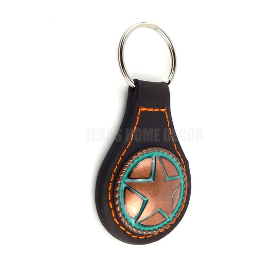 Brown Leather Keychain Texas Solid Star Copper Concho Turquoise Enamel
