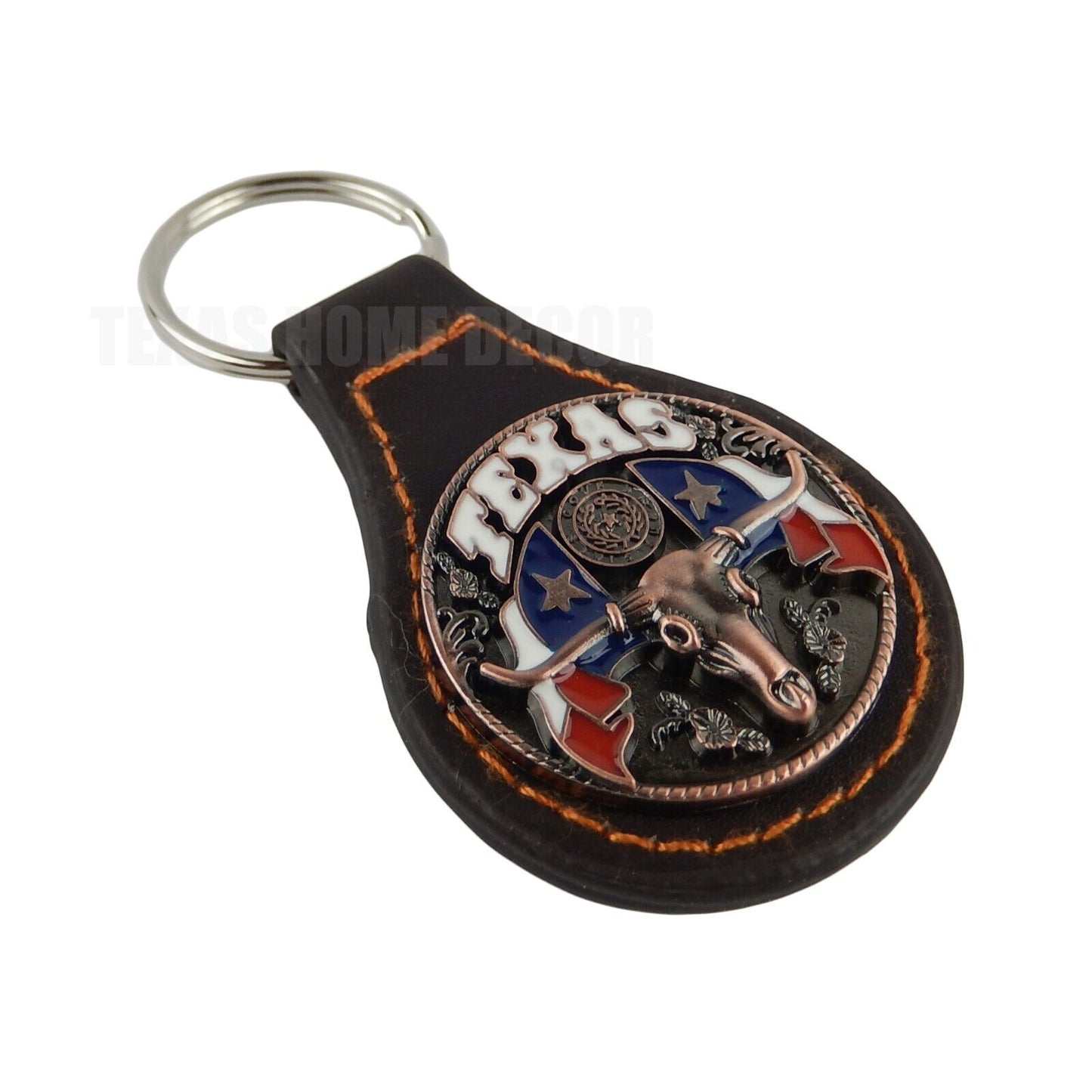 Brown Leather Keychain With Ring Texas Flag Longhorn Copper Concho Color Enamel