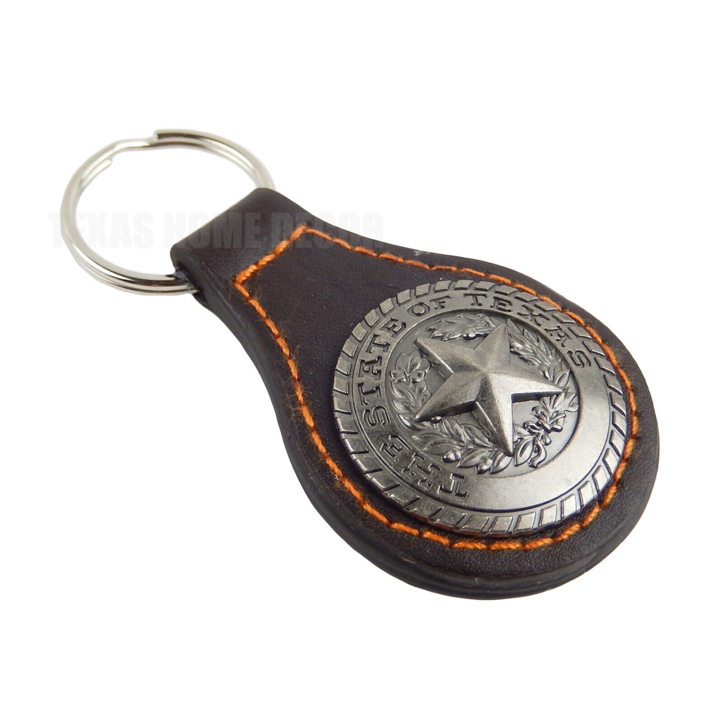 Brown Leather Keychain Silver The State of Texas Seal Concho Western Style