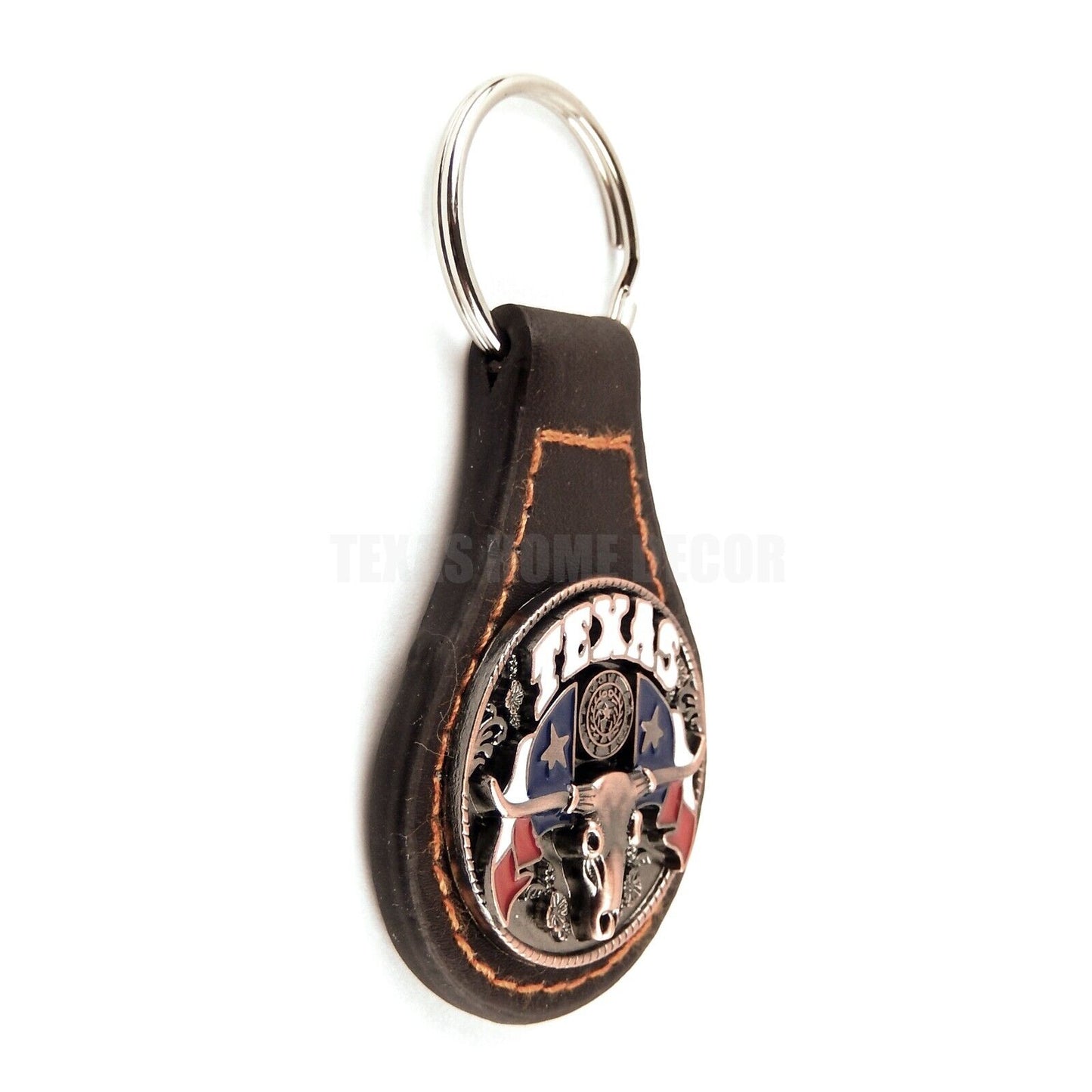 Brown Leather Keychain With Ring Texas Flag Longhorn Copper Concho Color Enamel