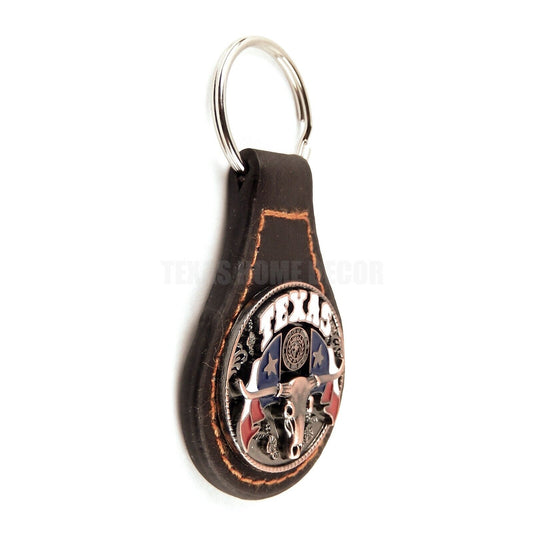 Brown Leather Keychain With Ring Texas Flag Longhorn Copper Concho Color Enamel