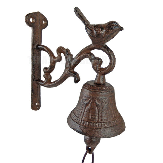 Small Bird Dinner Bell With Vines Cast Iron Antique Style Rustic Brown Finish
