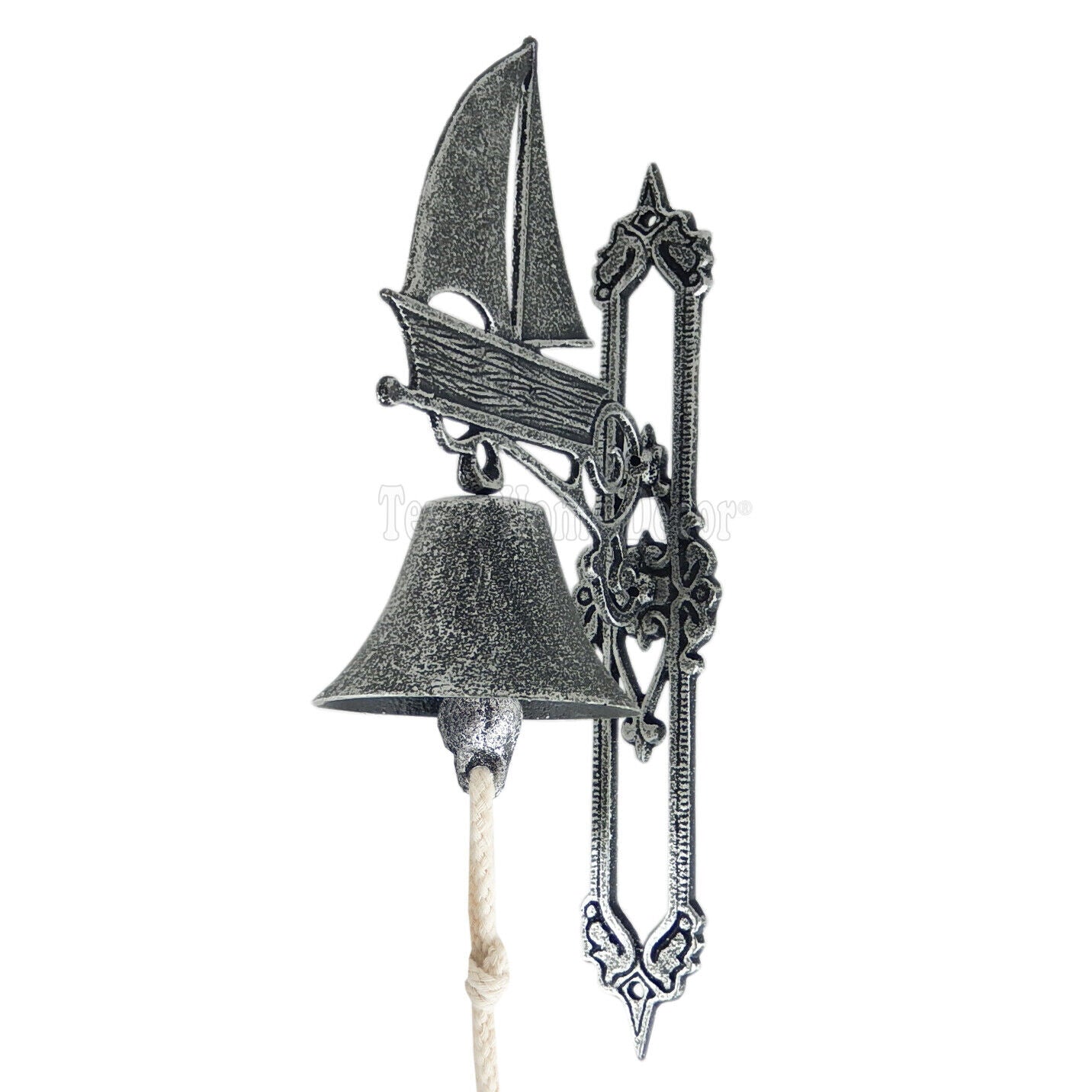 Large Sailboat Dinner Bell Cast Iron Antique Silver Wall Mount Nautical 14 5/8"