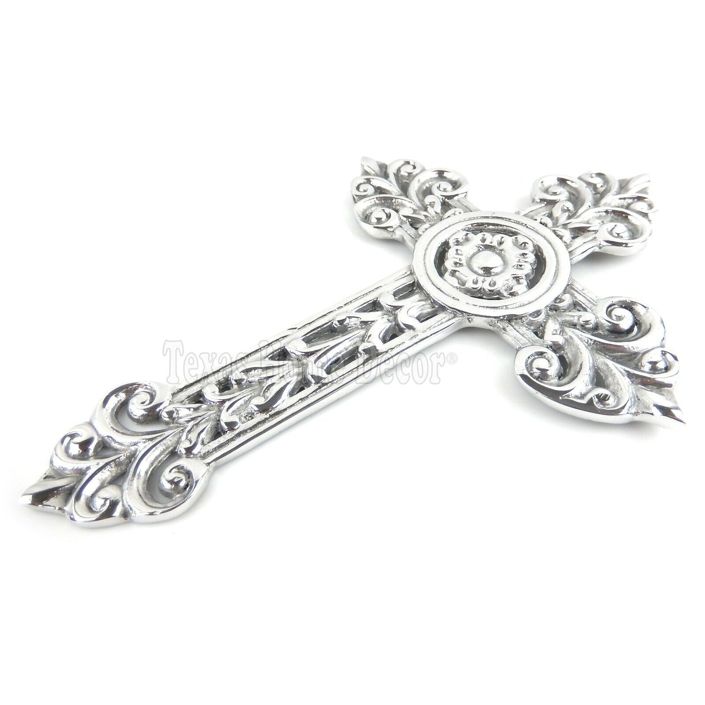 Fleur De Lis Silver Wall Cross Polished Aluminum Floral Flower Gift 12.5" Tall