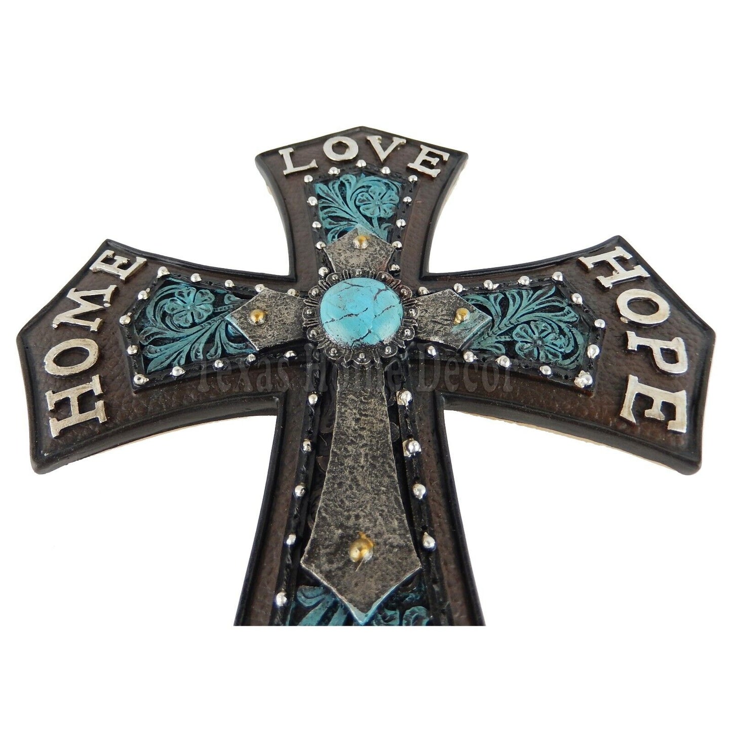 Faith Hope Love Home Wall Cross Inspirational Layered Flowery Turquoise 11 1/2"