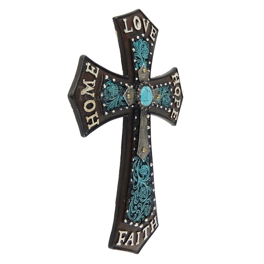 Faith Hope Love Home Wall Cross Inspirational Layered Flowery Turquoise 11 1/2"