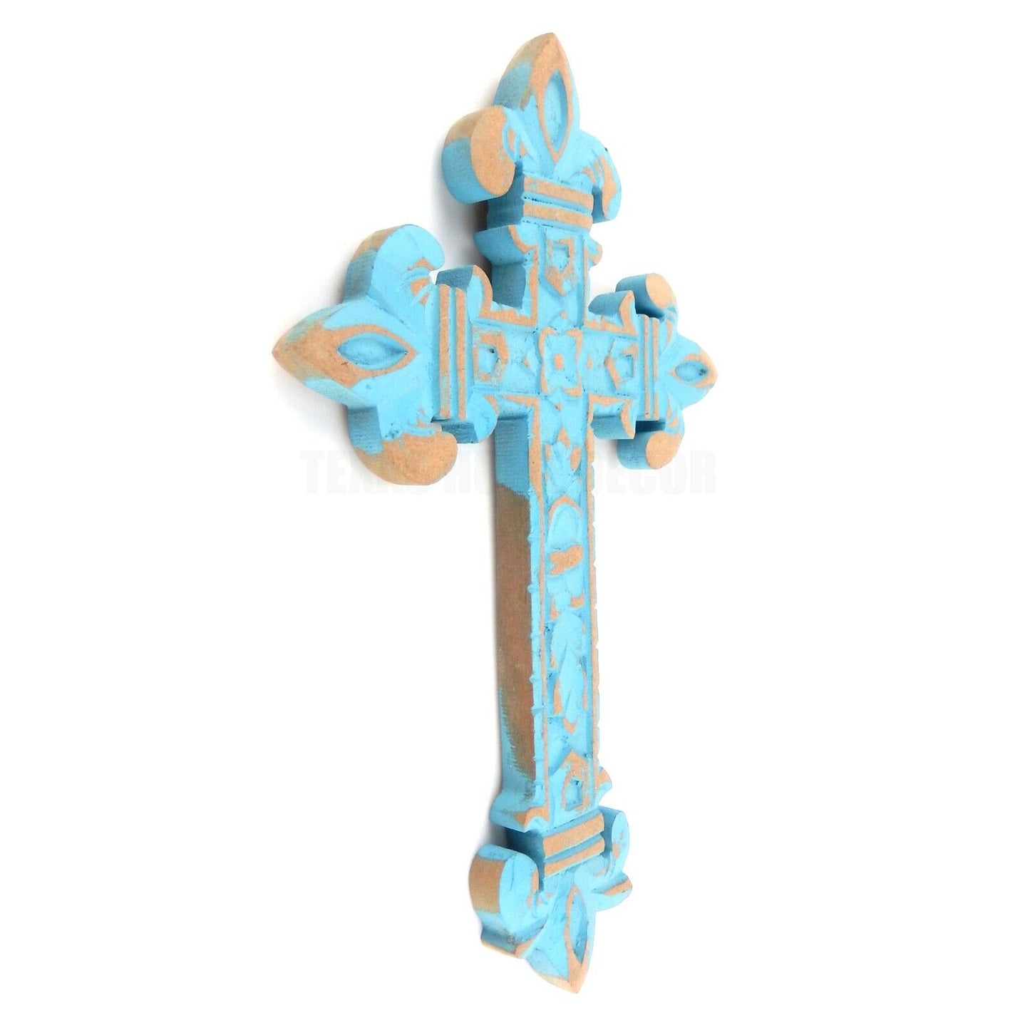 Hand Carved Wooden Fleur De Lis Wall Cross Rustic Blue Weathered Finish 12 inch