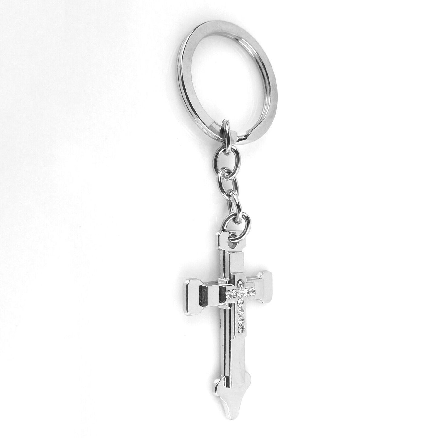 Metal Crucifix With Stones Keychain Shiny Silver Finish Religious Key Ring