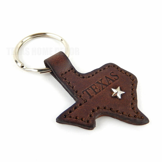 Texas Map Star Brown Leather Keychain Ring Tooled Leather Star Stud Accent