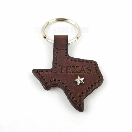 Texas Map Star Brown Leather Keychain Ring Tooled Leather Star Stud Accent