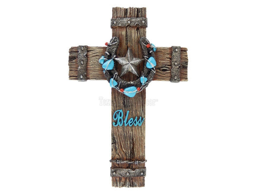 Turquoise Beaded Star Horseshoe Wall Cross Faux Wood Bless Barbed Wire Western