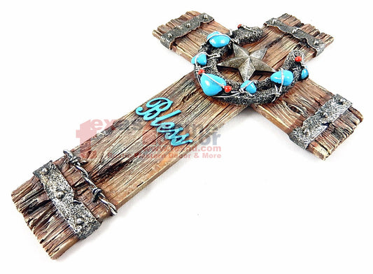 Turquoise Beaded Star Horseshoe Wall Cross Faux Wood Bless Barbed Wire Western