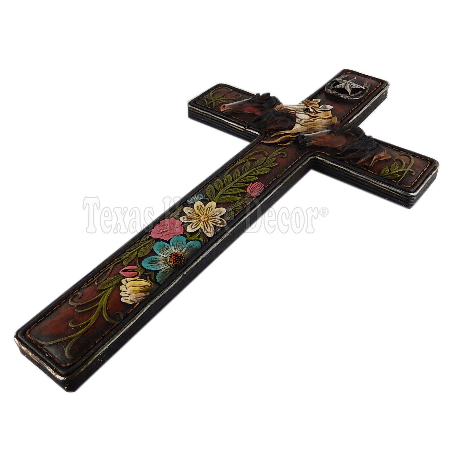 Horses Flower Wall Cross Country Western Decor Horseshoe Star Leather Look 18.5"