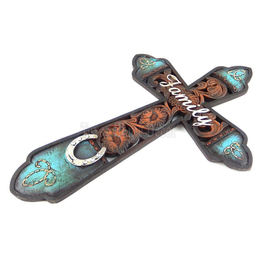 Family Wall Cross Western Rust Flowery Accents Horseshoe Polyresin 11 1/2 inch