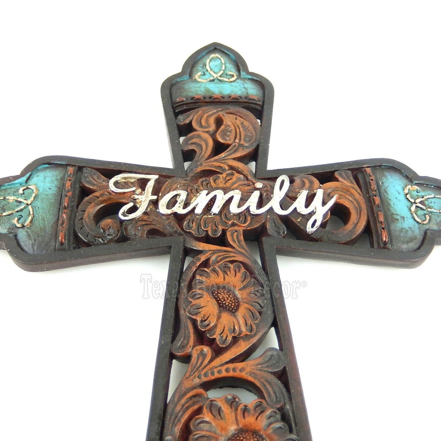 Family Wall Cross Western Rust Flowery Accents Horseshoe Polyresin 11 1/2 inch